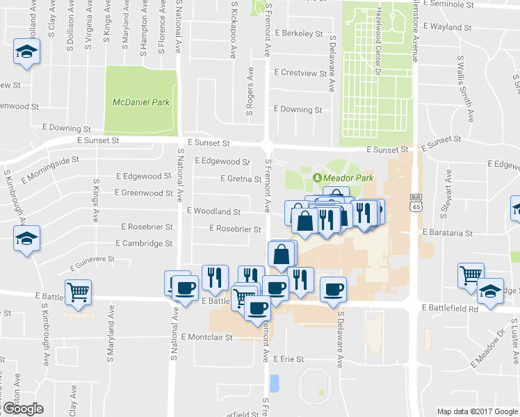 map of restaurants, bars, coffee shops, grocery stores, and more near 1367 East Woodland Street in Springfield