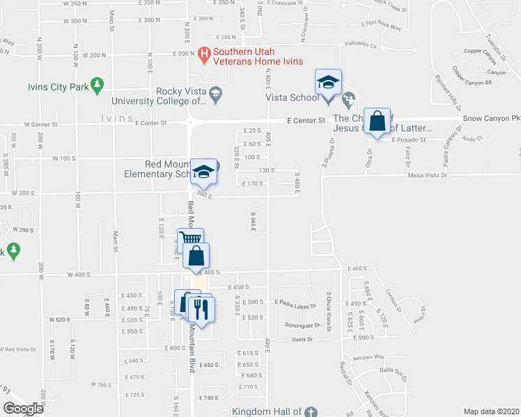 map of restaurants, bars, coffee shops, grocery stores, and more near 384 East 235 South in Ivins