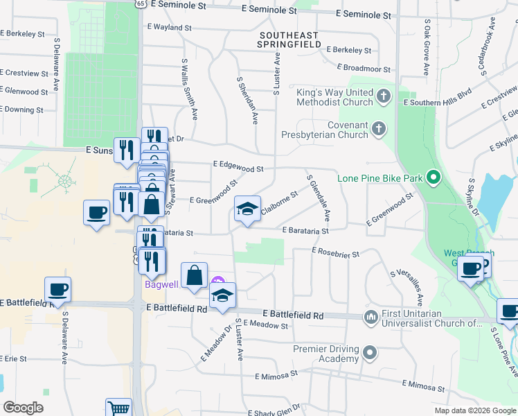map of restaurants, bars, coffee shops, grocery stores, and more near 2165 E Claiborne St in Springfield