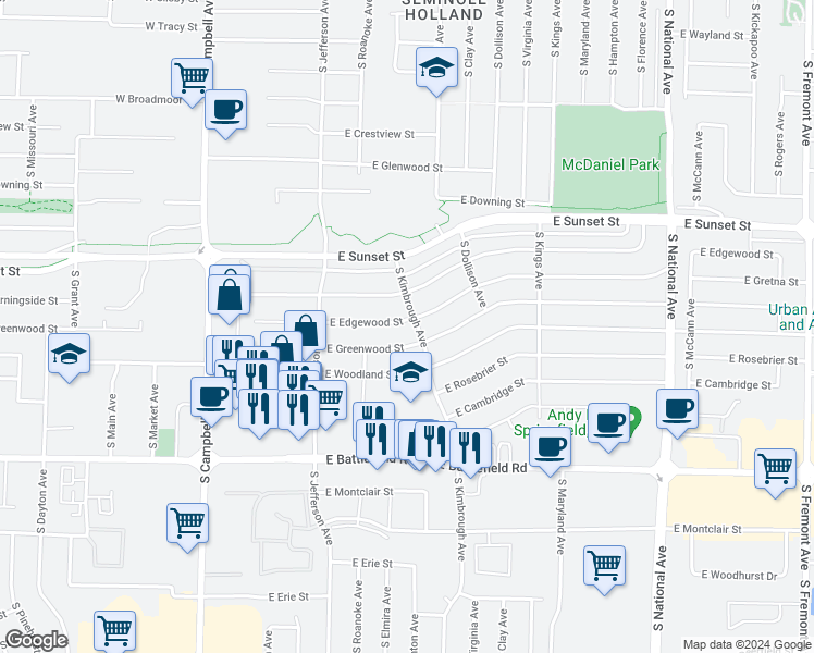 map of restaurants, bars, coffee shops, grocery stores, and more near 614 East Edgewood Street in Springfield