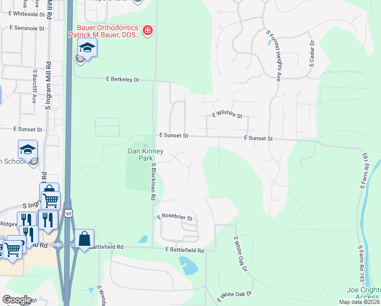 map of restaurants, bars, coffee shops, grocery stores, and more near 2625 South Brandon Avenue in Springfield