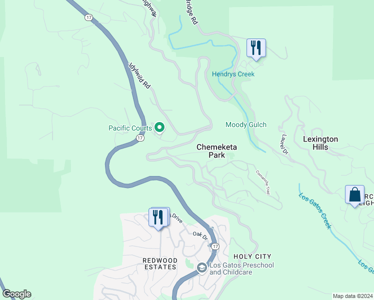 map of restaurants, bars, coffee shops, grocery stores, and more near 17939 Apache Trail in Los Gatos