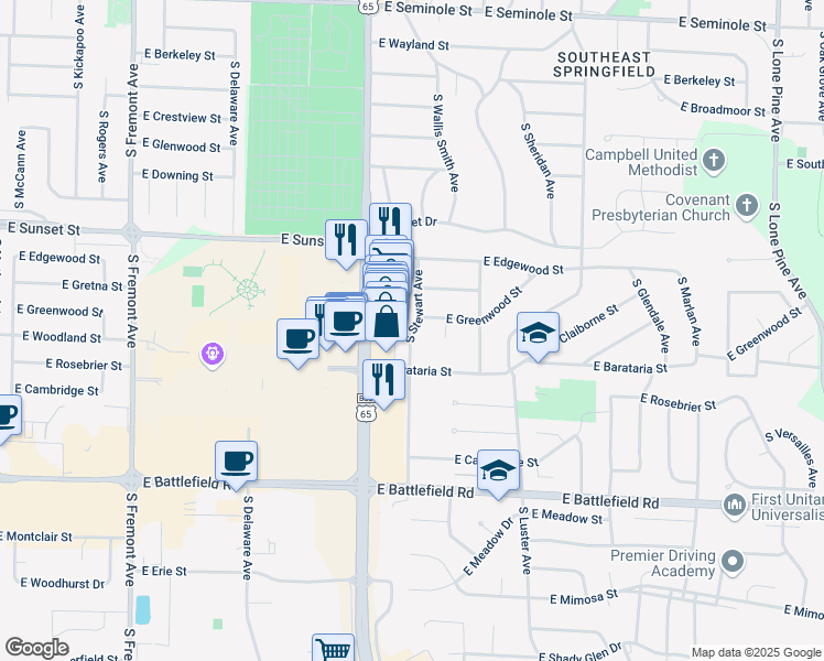 map of restaurants, bars, coffee shops, grocery stores, and more near 2720 South Stewart Avenue in Springfield