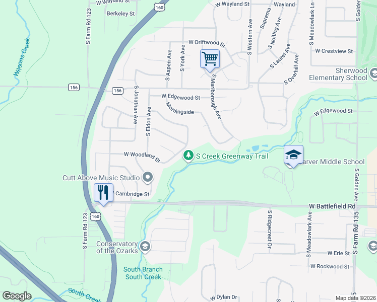 map of restaurants, bars, coffee shops, grocery stores, and more near 3720 West Woodland Street in Springfield