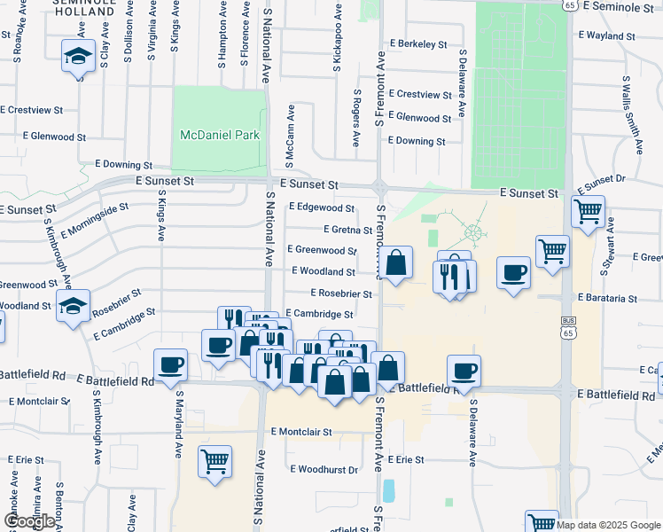 map of restaurants, bars, coffee shops, grocery stores, and more near 1277 East Woodland Street in Springfield