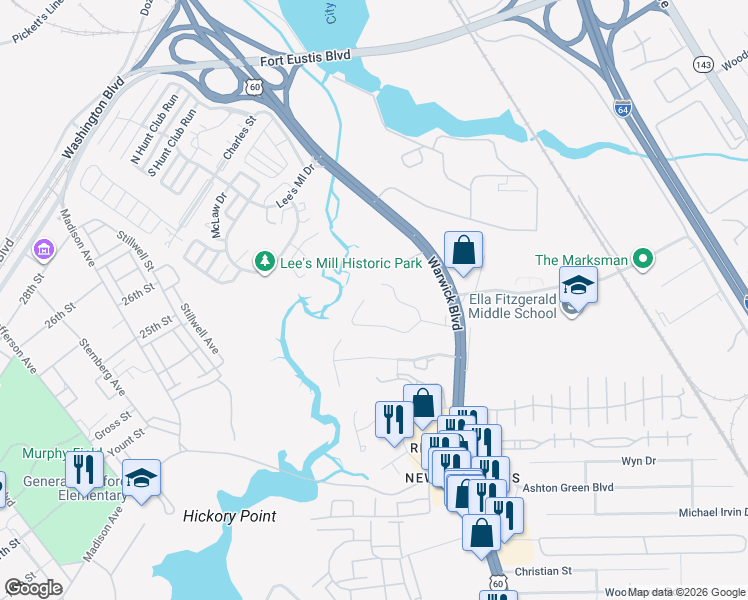 map of restaurants, bars, coffee shops, grocery stores, and more near 17 Bethel Road in Newport News