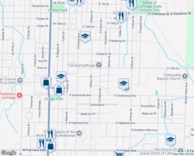 map of restaurants, bars, coffee shops, grocery stores, and more near 522 East 14th Street in Carthage