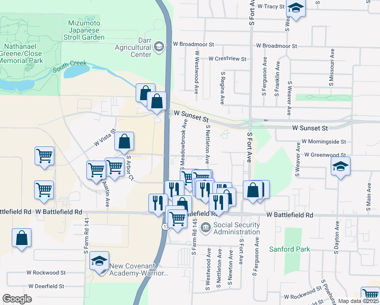 map of restaurants, bars, coffee shops, grocery stores, and more near 1717 West Woodland Street in Springfield