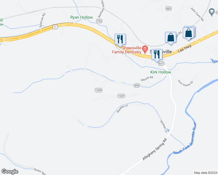 map of restaurants, bars, coffee shops, grocery stores, and more near 3725 Kirk Hollow Road in Shawsville