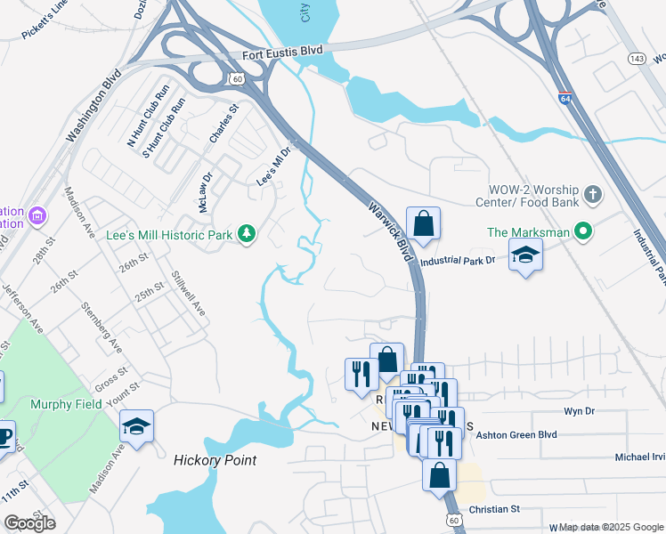 map of restaurants, bars, coffee shops, grocery stores, and more near 44 Williamson Park Drive in Newport News
