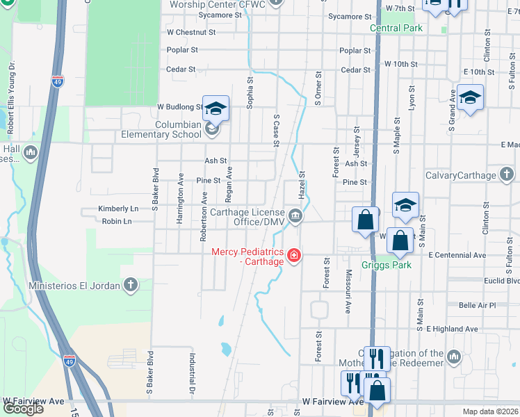 map of restaurants, bars, coffee shops, grocery stores, and more near 800 Griswold Avenue in Carthage