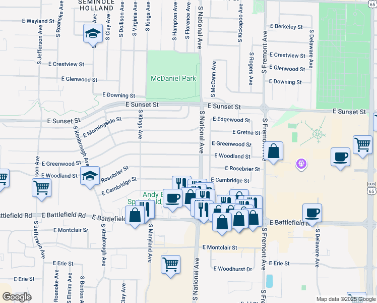 map of restaurants, bars, coffee shops, grocery stores, and more near 1164 East Woodland Street in Springfield