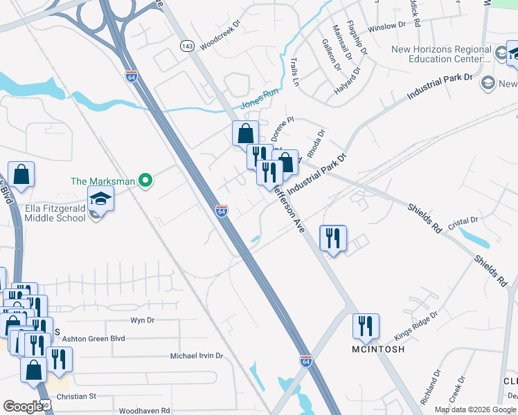 map of restaurants, bars, coffee shops, grocery stores, and more near 206 Jakes Lane in Newport News