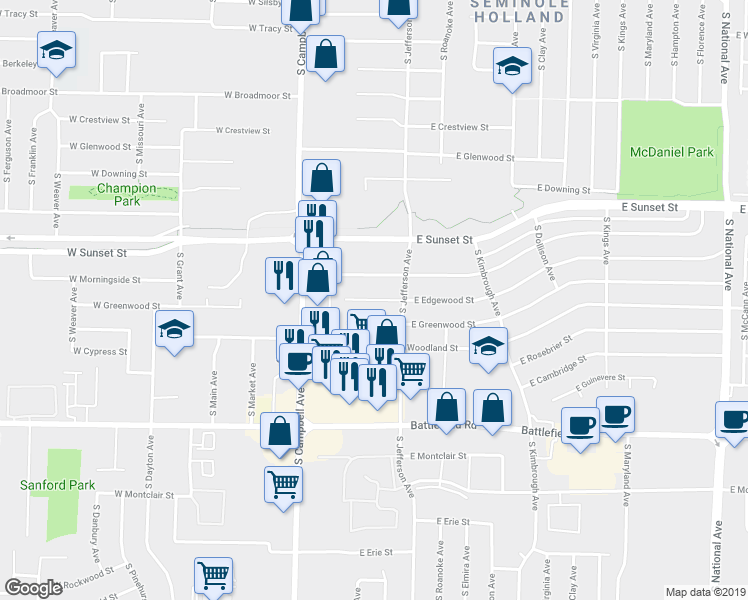 map of restaurants, bars, coffee shops, grocery stores, and more near 225 East Edgewood Street in Springfield