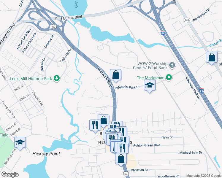 map of restaurants, bars, coffee shops, grocery stores, and more near 15661 Warwick Boulevard in Newport News