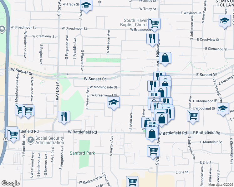 map of restaurants, bars, coffee shops, grocery stores, and more near 740 West Greenwood Street in Springfield