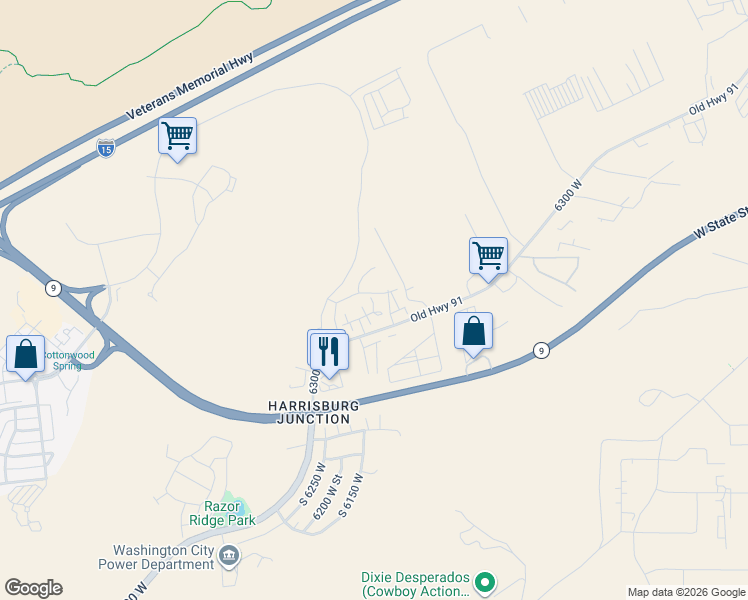 map of restaurants, bars, coffee shops, grocery stores, and more near 6222 West 135 North in Hurricane