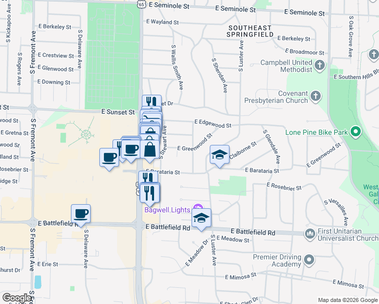 map of restaurants, bars, coffee shops, grocery stores, and more near 2716 South Wallis Smith Avenue in Springfield