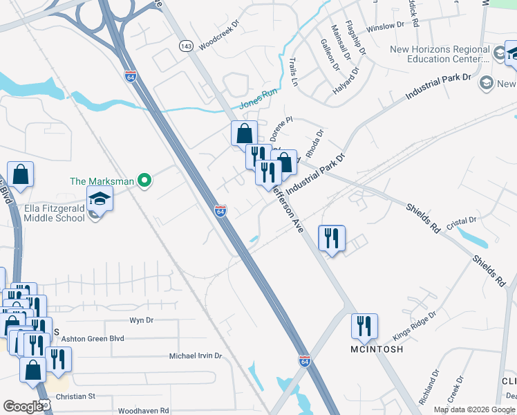 map of restaurants, bars, coffee shops, grocery stores, and more near 206 Jakes Lane in Newport News