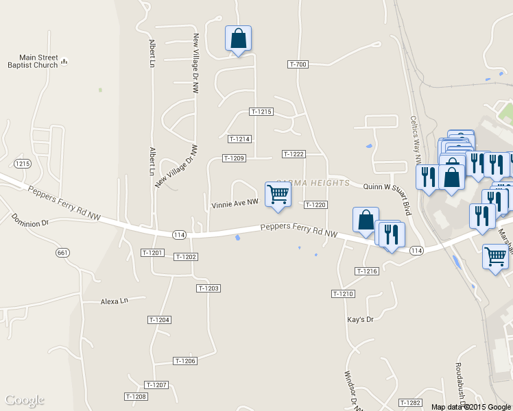 map of restaurants, bars, coffee shops, grocery stores, and more near 210 Vinnie Ave in Christiansburg