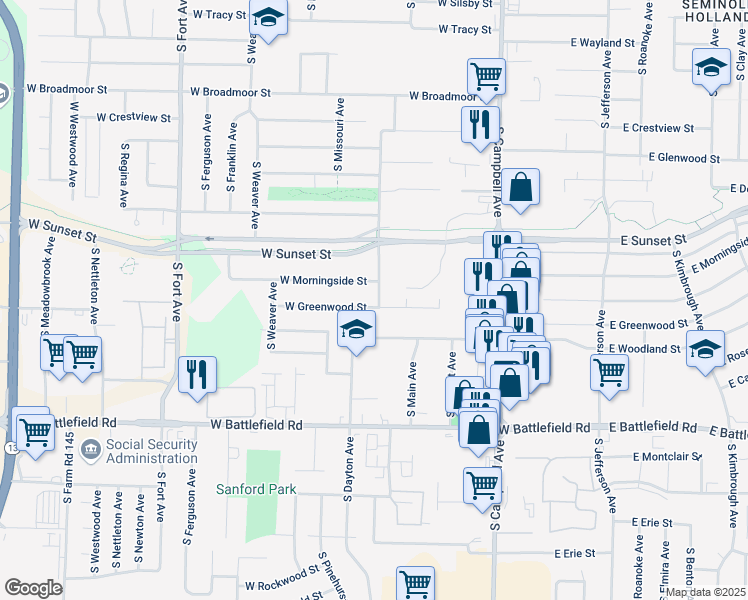 map of restaurants, bars, coffee shops, grocery stores, and more near 740 West Greenwood Street in Springfield