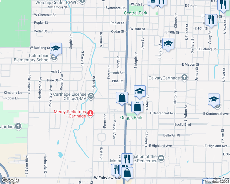 map of restaurants, bars, coffee shops, grocery stores, and more near 417 Clevenger Street in Carthage