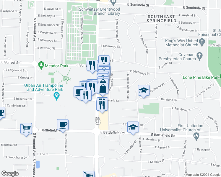 map of restaurants, bars, coffee shops, grocery stores, and more near 2705 South Stewart Avenue in Springfield