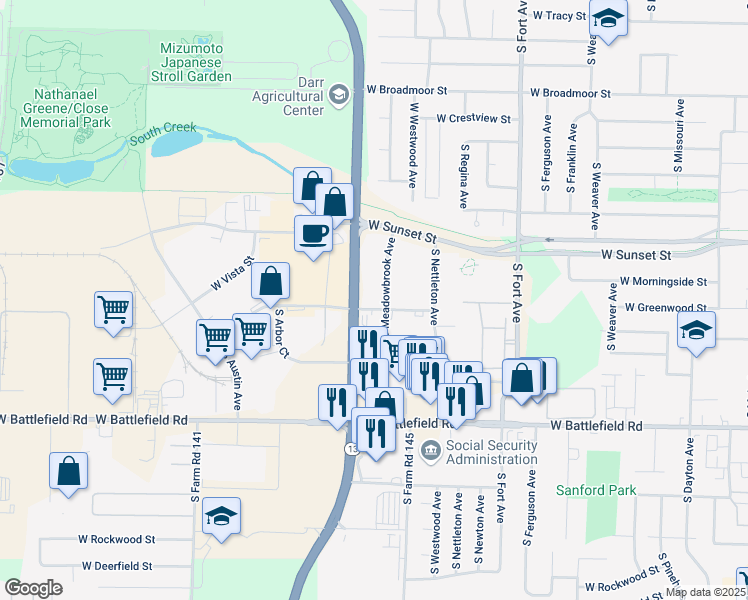 map of restaurants, bars, coffee shops, grocery stores, and more near 1717 West Woodland Street in Springfield