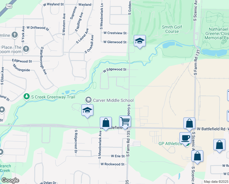 map of restaurants, bars, coffee shops, grocery stores, and more near 3170 West Greenwood Street in Springfield