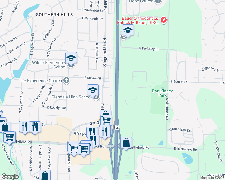 map of restaurants, bars, coffee shops, grocery stores, and more near 2642 South Glenview Avenue in Springfield