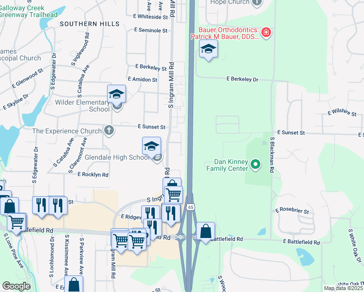 map of restaurants, bars, coffee shops, grocery stores, and more near 2665 South Glenview Avenue in Springfield