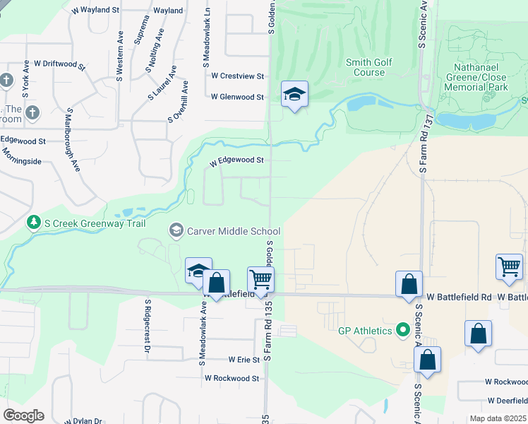 map of restaurants, bars, coffee shops, grocery stores, and more near 3140 West Greenwood Street in Springfield