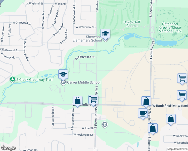 map of restaurants, bars, coffee shops, grocery stores, and more near 3140 West Greenwood Street in Springfield