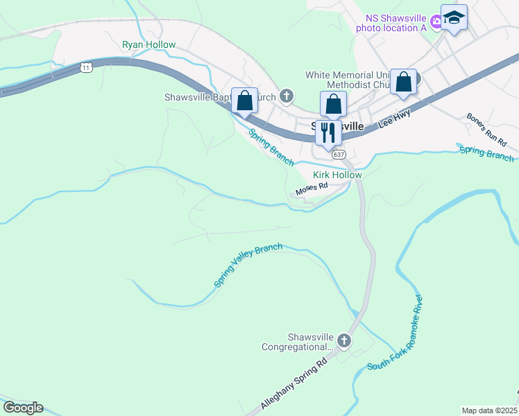 map of restaurants, bars, coffee shops, grocery stores, and more near 3805 Kirk Hollow Road in Shawsville