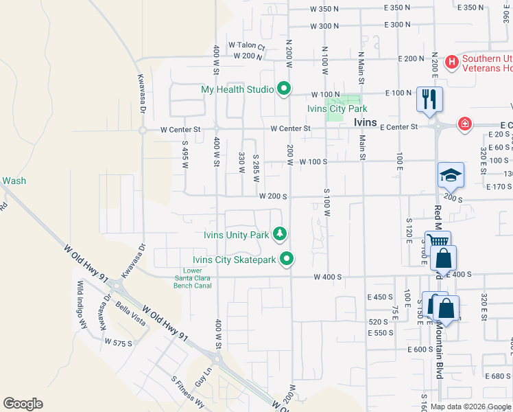 map of restaurants, bars, coffee shops, grocery stores, and more near 296 West 225 South in Ivins