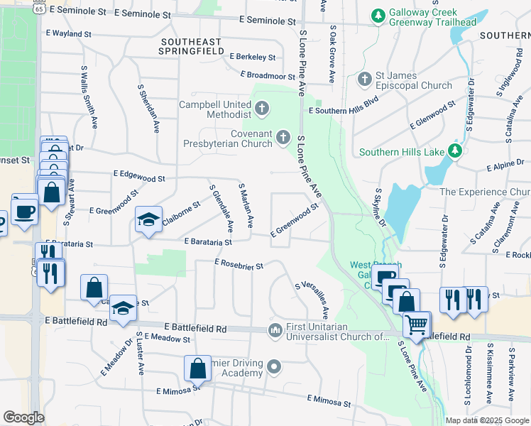 map of restaurants, bars, coffee shops, grocery stores, and more near 2715 South Patterson Avenue in Springfield