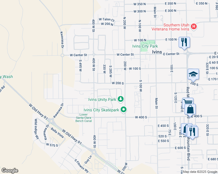 map of restaurants, bars, coffee shops, grocery stores, and more near 236 300 West in Ivins