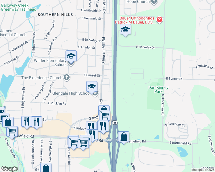 map of restaurants, bars, coffee shops, grocery stores, and more near 2665 South Glenview Avenue in Springfield