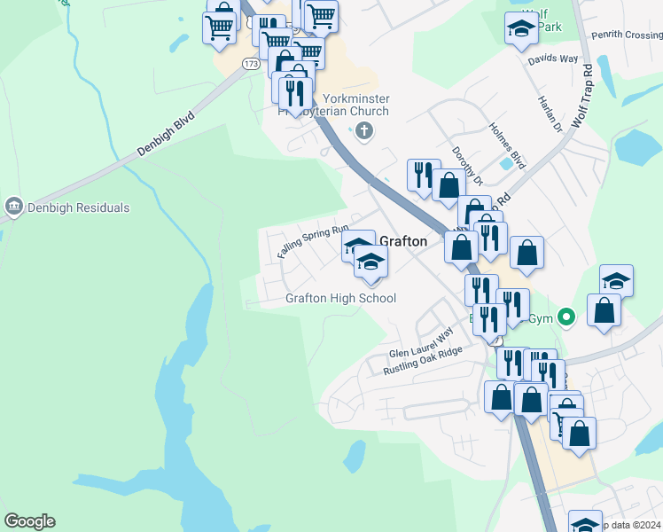map of restaurants, bars, coffee shops, grocery stores, and more near 129 3 Notched Road in Yorktown