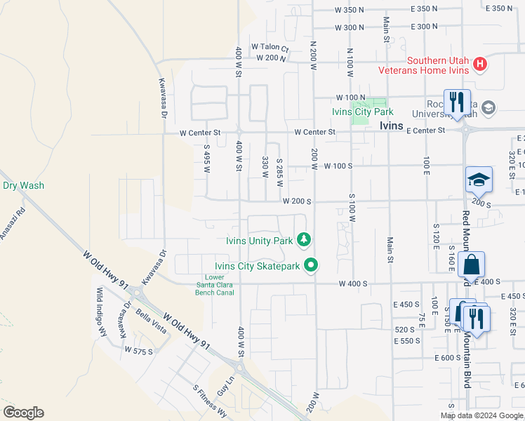 map of restaurants, bars, coffee shops, grocery stores, and more near 346 West 225 South in Ivins