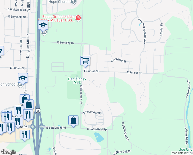 map of restaurants, bars, coffee shops, grocery stores, and more near 2625 South Brandon Avenue in Springfield