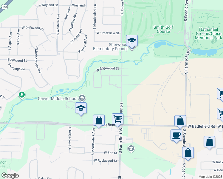 map of restaurants, bars, coffee shops, grocery stores, and more near 3140 West Greenwood Street in Springfield