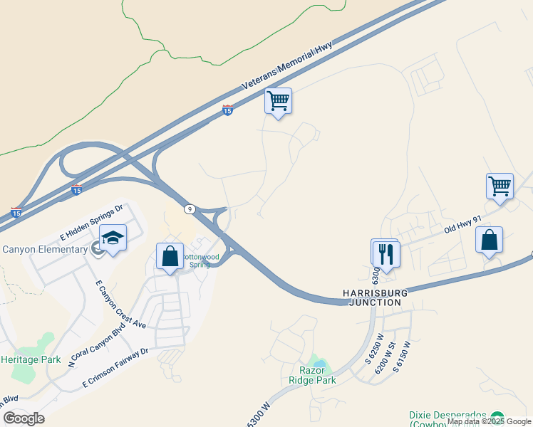 map of restaurants, bars, coffee shops, grocery stores, and more near Foothills Canyon Drive in Hurricane