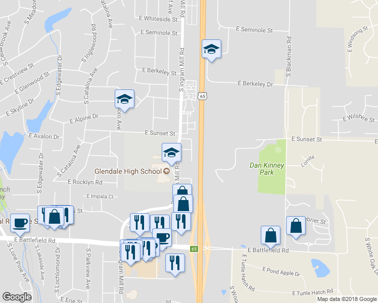 map of restaurants, bars, coffee shops, grocery stores, and more near 2641 South Glenview Avenue in Springfield
