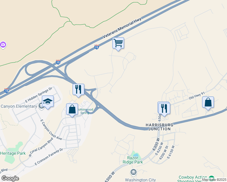 map of restaurants, bars, coffee shops, grocery stores, and more near Foothills Canyon Drive in Hurricane