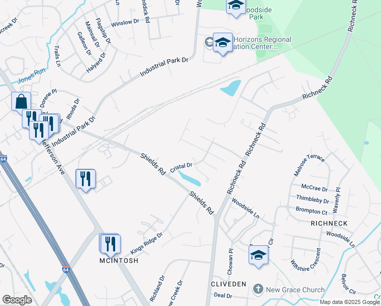 map of restaurants, bars, coffee shops, grocery stores, and more near 621 Cristal Drive in Newport News