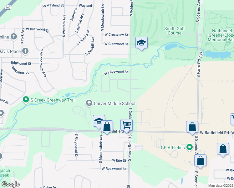 map of restaurants, bars, coffee shops, grocery stores, and more near 3170 West Greenwood Street in Springfield
