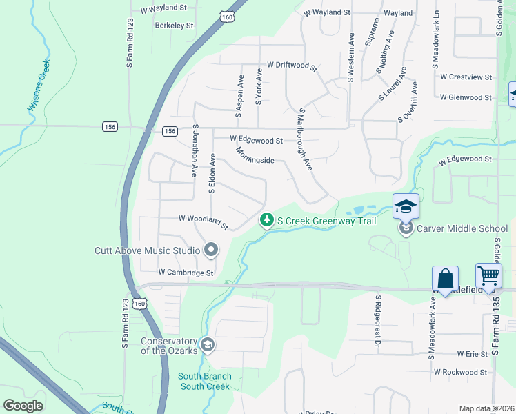 map of restaurants, bars, coffee shops, grocery stores, and more near 3720 West Woodland Street in Springfield