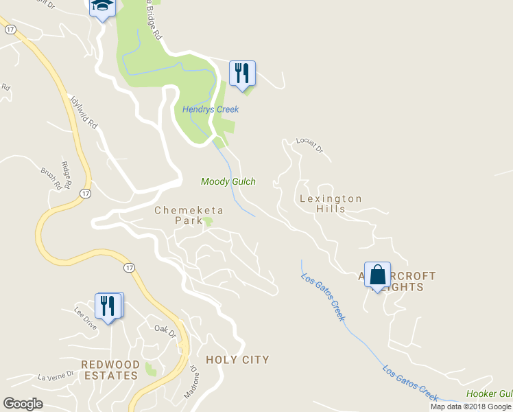 map of restaurants, bars, coffee shops, grocery stores, and more near 20607 Aldercroft Heights Road in Los Gatos