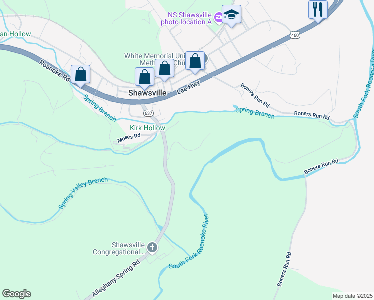 map of restaurants, bars, coffee shops, grocery stores, and more near Fort Vause Drive in Shawsville